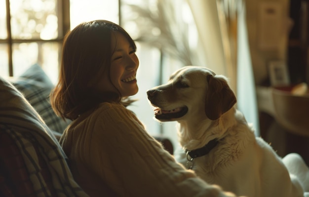 a woman smiling at her dog by sitting on a chair