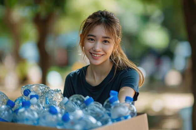 Photo woman smiling and holding a box of bottled water