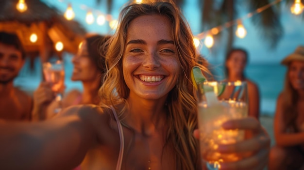 Woman Smiling and Holding a Drink