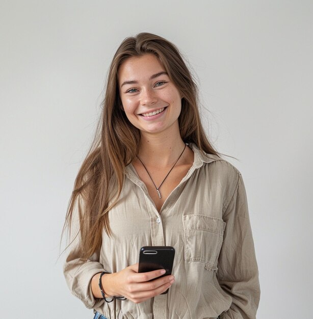 a woman smiling and holding a phone in her hand