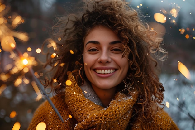 Photo woman smiling holding sparklers in front of face