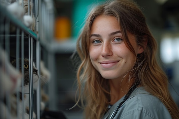 写真 鳥の棚の前で微笑む女性