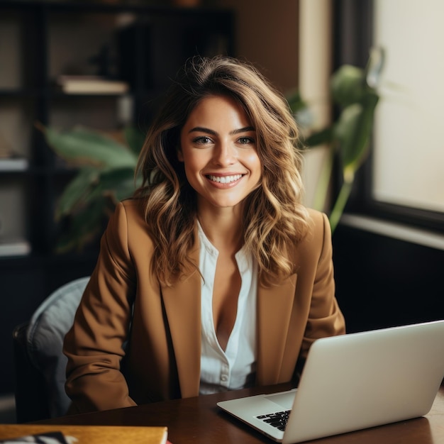 A woman smiling at a laptop