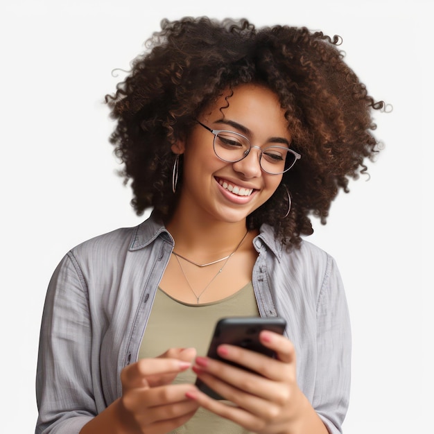 A woman smiling looking at her phone no background