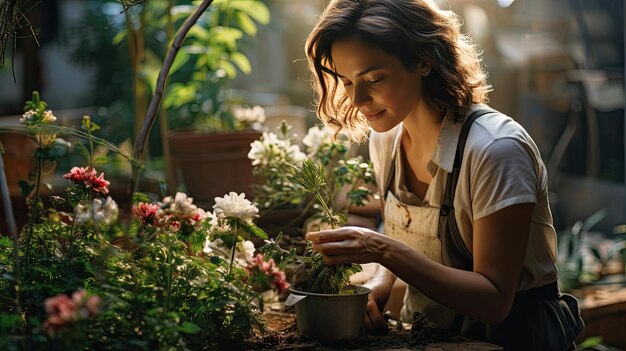 庭の母の日に花を摘む笑顔の女性