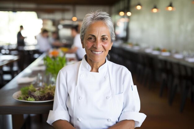 Photo a woman smiling in a restaurant with a pan of flowers in her hands