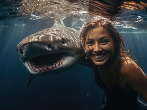 Foto una donna sorridente accanto a uno squalo