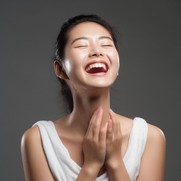 a woman smiling and smiling with her eyes closed