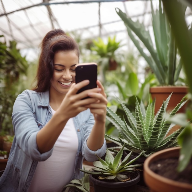 Photo woman smiling taking picture of plant with phone