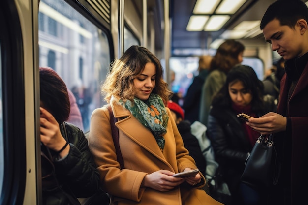 地下鉄の窓の隣で笑顔で携帯電話を使用している女性