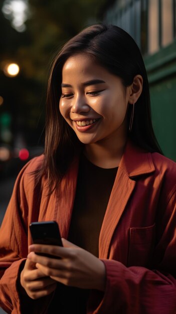 Photo woman smiling and using mobile