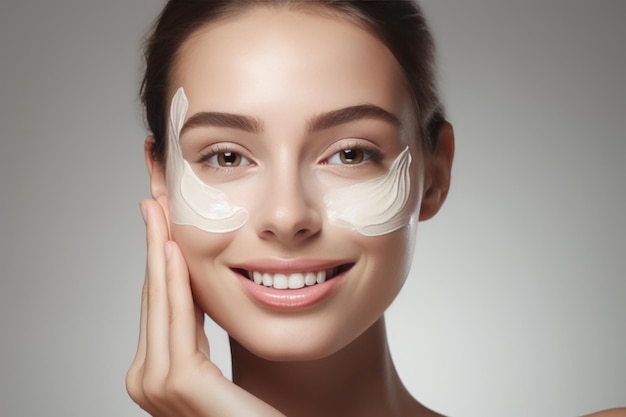 Woman smiling while applying moisturizing cream