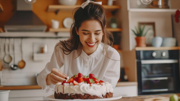 A woman smiling while cutting a cake