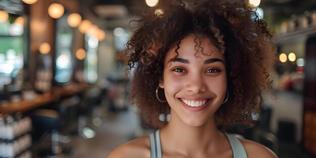 Woman smiling while getting styled at a hair salon Concept Hair Salon Styling Session Beauty Treatment Smiling Woman Salon Makeover