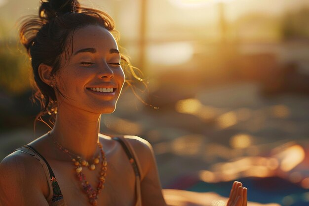 Photo woman smiling while meditating