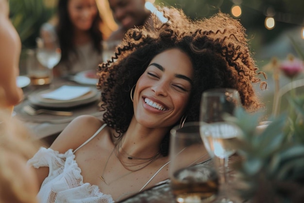 a woman smiling while sitting at a table