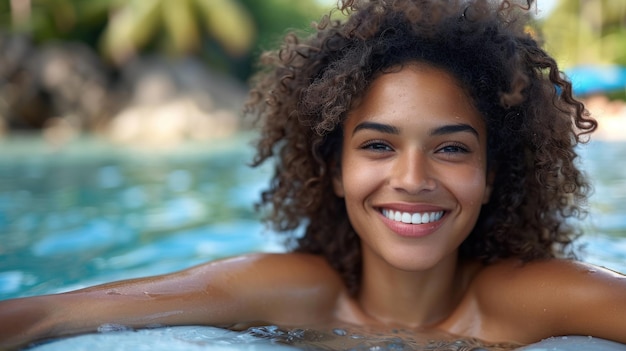 A woman smiling while swimming in a pool