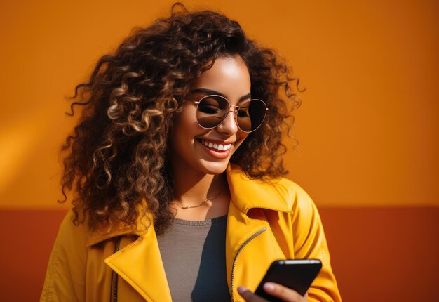 A woman smiling while using her phone with a smart phone