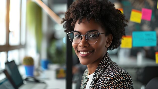 Photo woman smiling while working on a laptop in a bright and modern office environment