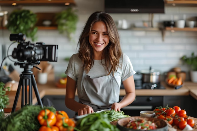 Photo woman smiling with camera preparing vegetables while filming on kitchen kitchen