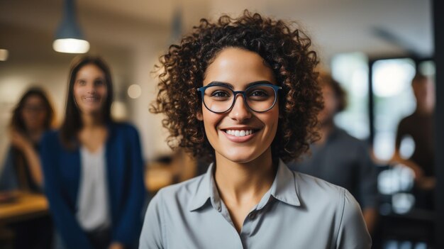 Photo woman smiling with coworkers in background