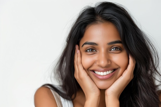 Foto donna sorridente con le mani sul viso