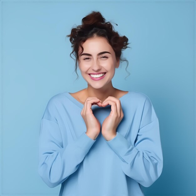 A woman smiling with her hands together in front of her face