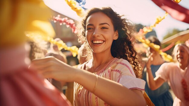 Photo a woman smiling with her hands up