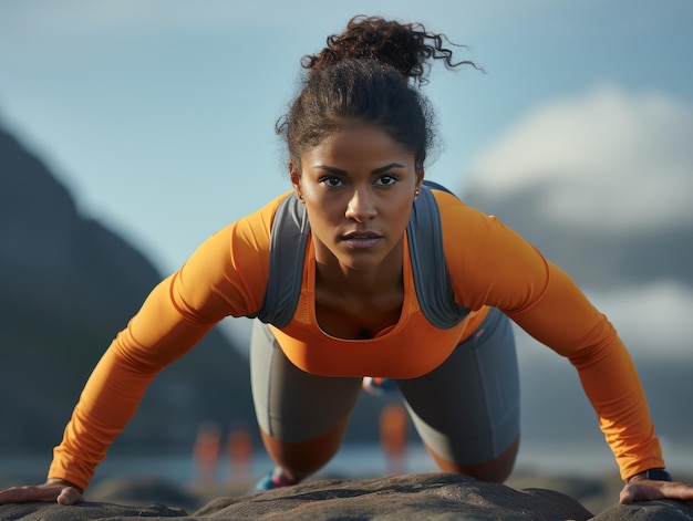 Woman smiling in yoga clothes doing push ups