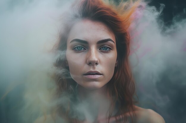 Woman in smoke portrait Female beautiful young face person Generate Ai