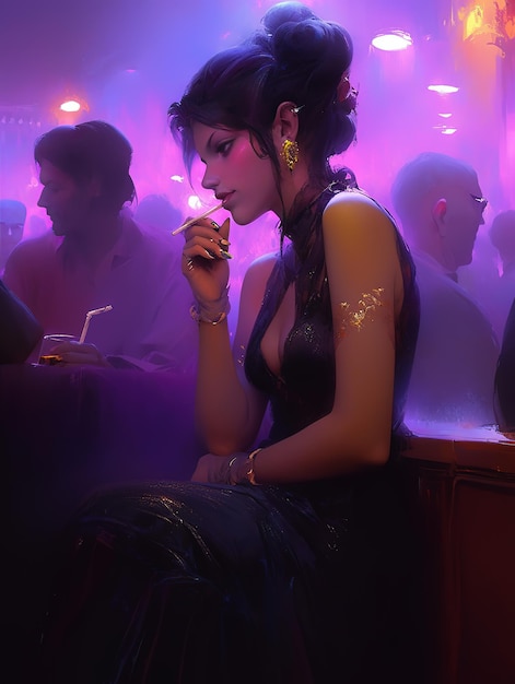 Женщина курит сигарету в баре с фиолетовым светом позади нее.