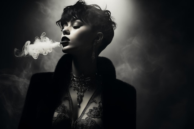 Woman Smoking Cigarette in Black and White