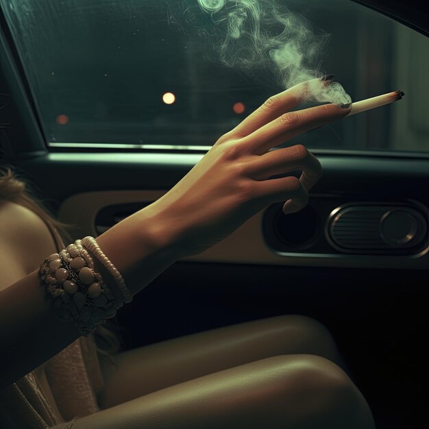 Photo a woman smoking a cigarette in a car with the word smoke on the window