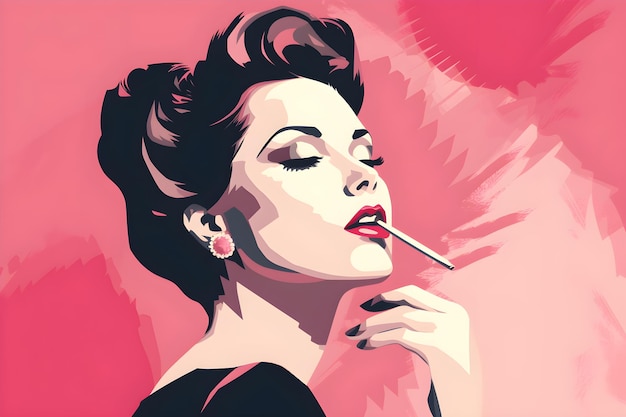 A woman smoking a cigarette in pink and red