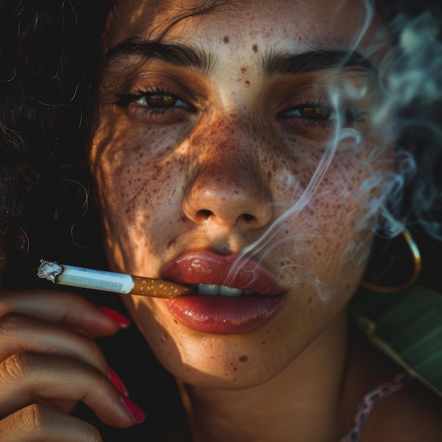 a woman smoking a cigarette with freckles on her face