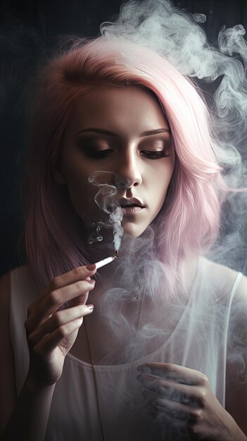 Photo a woman smoking a cigarette with pink hair and a white shirt