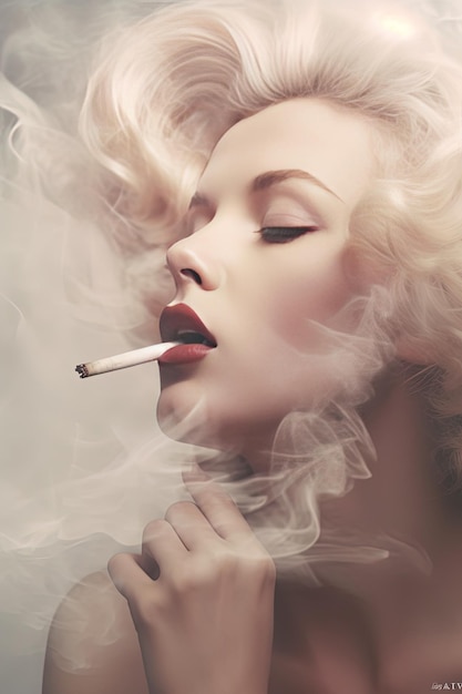 Photo a woman smoking a cigarette with a smoke coming out of her mouth.