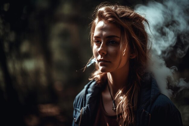 A woman smoking a cigarette in the woods