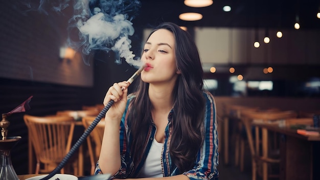 Женщина курит кальян и дует дым в ресторане
