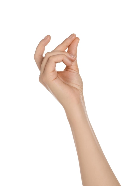 手の白い背景のクローズ アップに指をスナップする女性