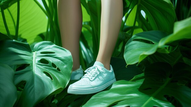 Photo woman in sneakers on green background