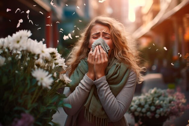 女性が手にハンカチを持ってくしゃみをします花にアレルギーがあります