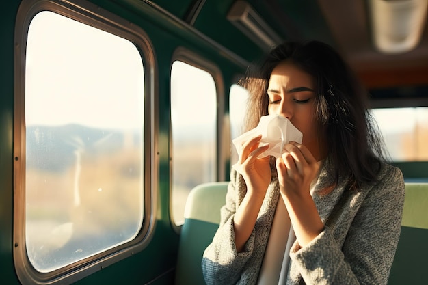 woman sneezing while on a train public transport illness virus concept winter problems