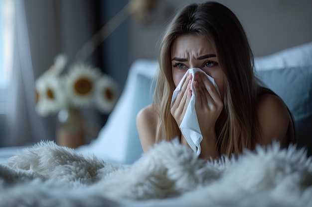 A woman sneezing with a tissue on her bed