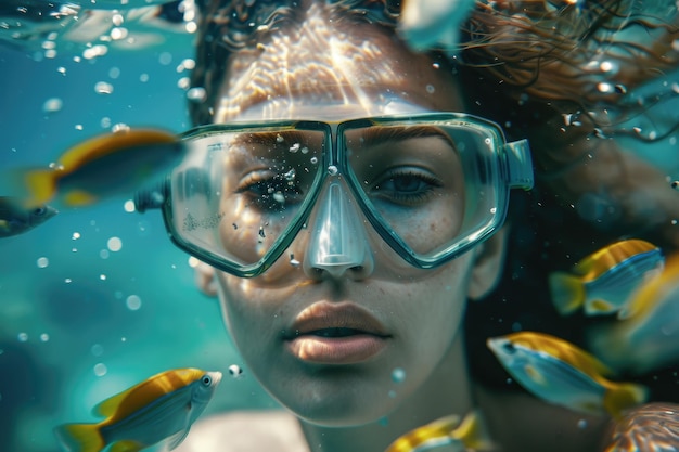 シュノーケリングマスクをかぶった女性が水中潜水しサンゴ礁の海で熱帯魚を見る旅行の冒険