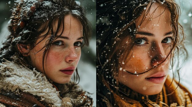 Photo a woman in the snow looking at the camera