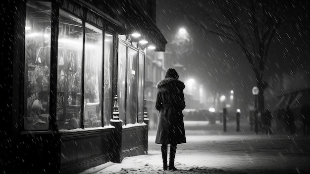 店の近くの通りの夜、雪の中の女性