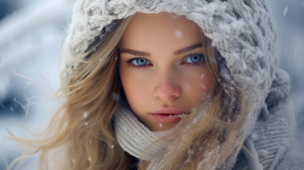 Photo woman in snow with hat and scarf