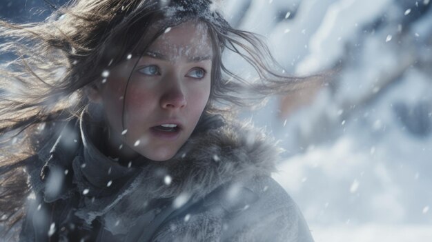 A woman in the snow with her hair blowing in the wind