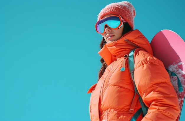 Foto donna snowboarder in arancione in inverno che tiene la sua snowboard